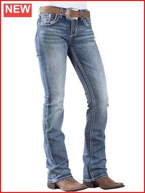 Women's Mid Rise Bootcut Stretch Denim Jeans Straight Leg Western